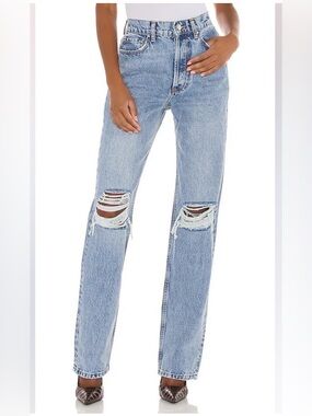 ANINE BING Kat Distressed Straight Leg Jeans Light Wash Button Fly 26 High Rise